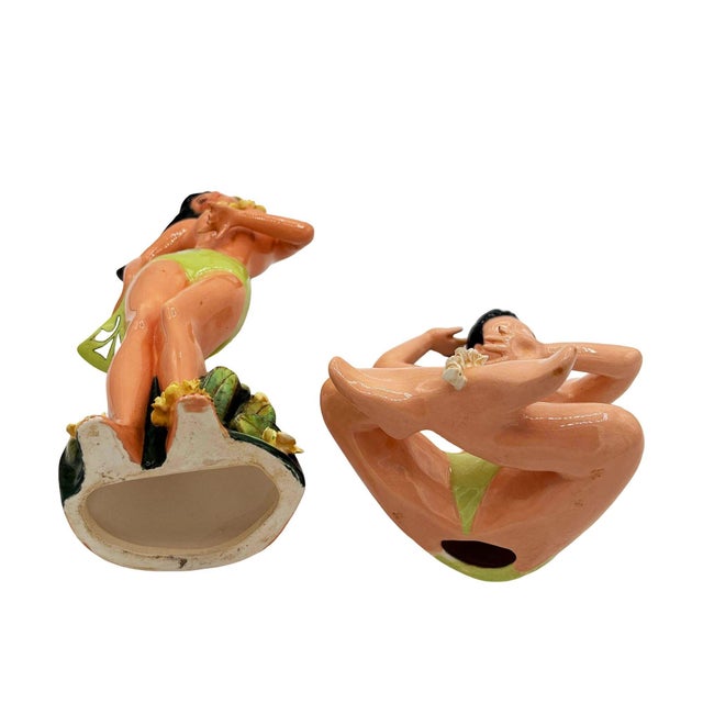 Mid 20th Century Hawaiian Hand Painted Hula Girl & Surfer Male Ceramic Statue, Pair For Sale - Image 4 of 6