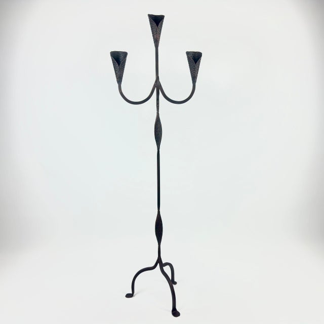 Hand Forged Wrought Iron Floor Candelabra 50″ (127cm) Antique Copper Patina 3-Arm Candle Holder Leaf Detail Rustic Wedding Decor For Sale - Image 6 of 7