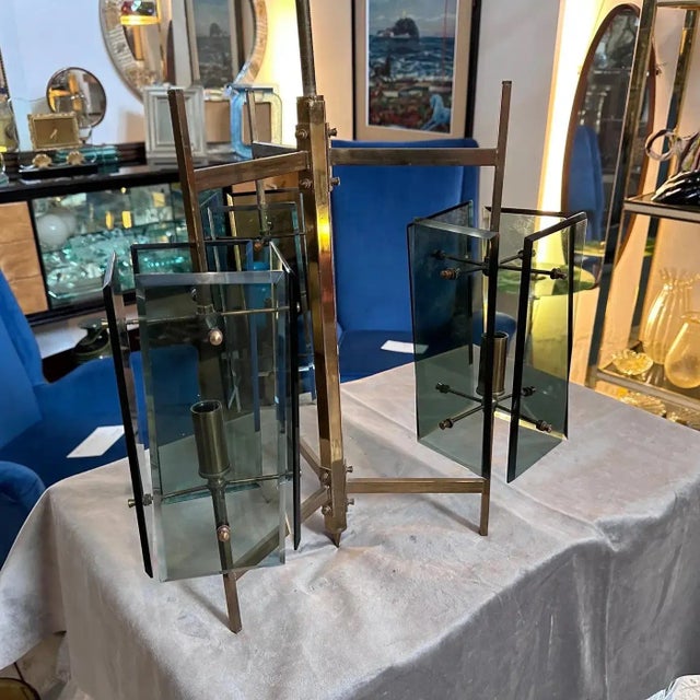 1970s Cristal Arte Mid-Century Modern Brass and Green Glass Italian Chandelier For Sale - Image 6 of 12
