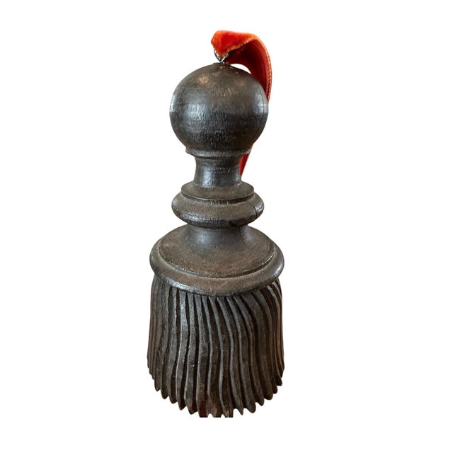 Late 19th Century Antique French Carved Wood Tassel With Rust Red Velvet Ribbon For Sale - Image 5 of 7