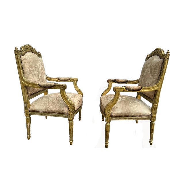 1950s Pair of Louis XVI–Style Giltwood Armchairs With 22k Gold Leaf For Sale - Image 4 of 14
