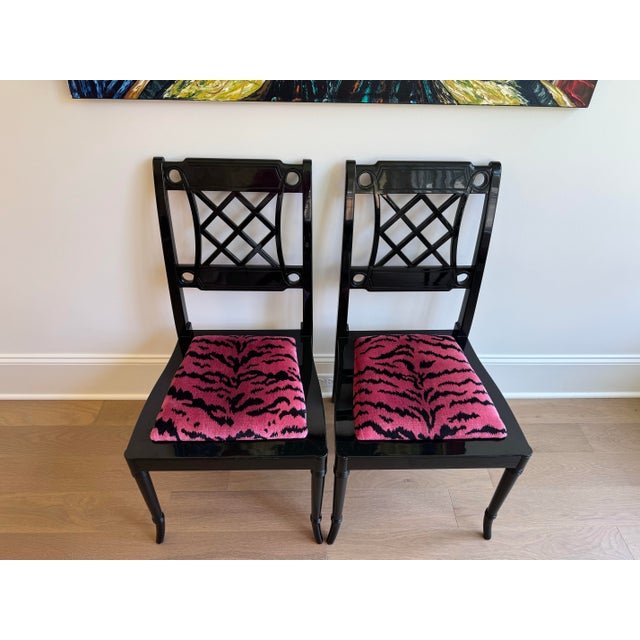 Chinoiserie Set of 4 Chinoiserie Dining Game Chairs With Scalamandré Tigre Upholstered Seats For Sale - Image 3 of 9