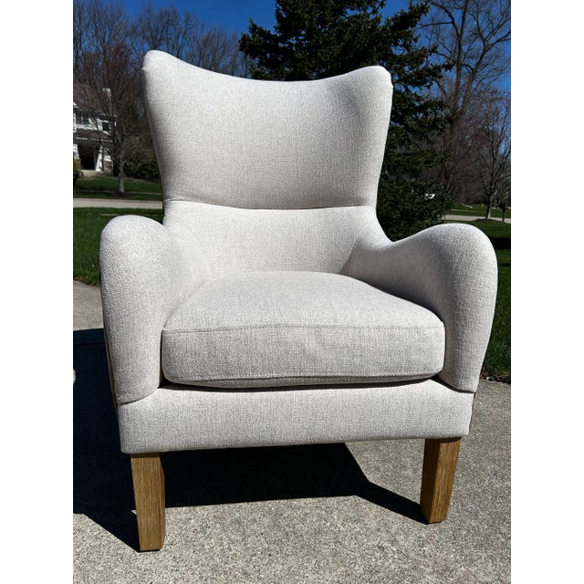 Lillian August Lillian August Style Wingback Chairs, Pair – Oatmeal Beige Mistral Upholstery, Diamond-Stitched Faux Leather, Nailhead Trim For Sale - Image 4 of 11