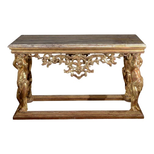 Carved Console Table with Marble Top and Cherubs For Sale