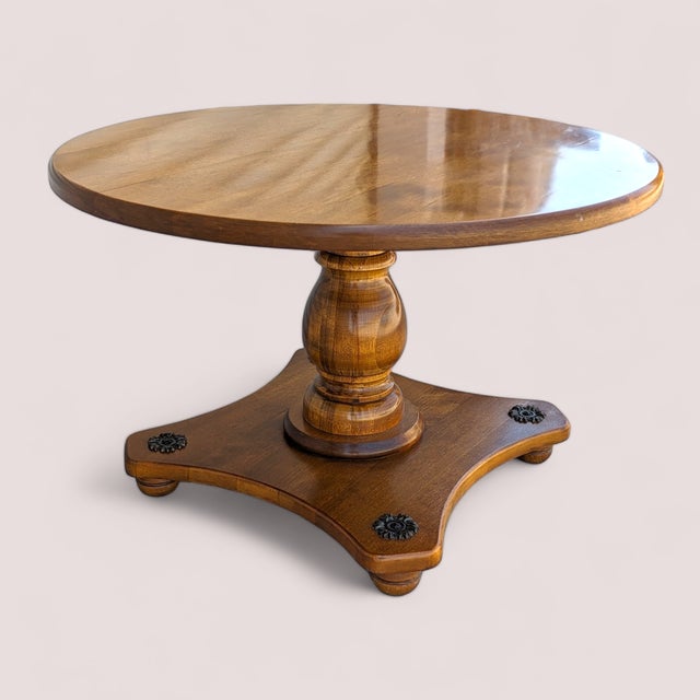 Vintage Round Solid Maple Pedestal End Table With Decorative Rosettes For Sale - Image 4 of 15