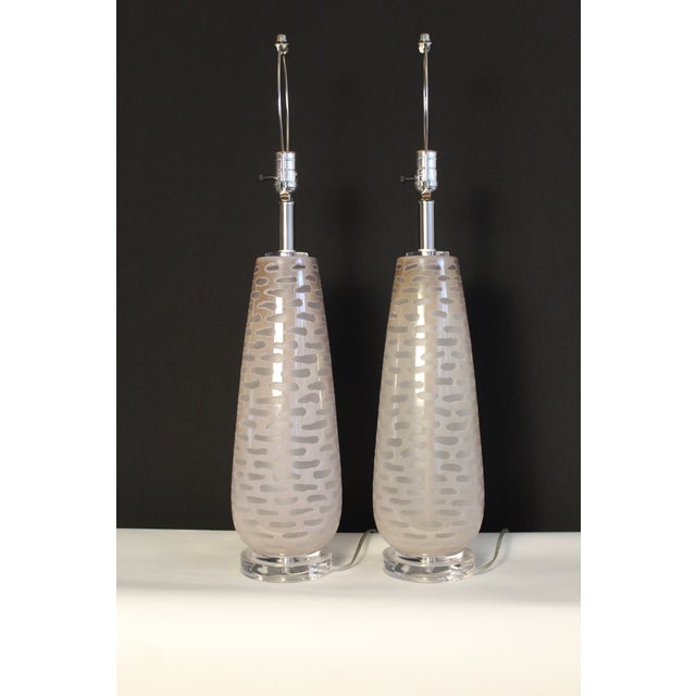 Glass Mid 20th Century Etched Mezza Style Murano Lamps - a Pair For Sale - Image 7 of 11