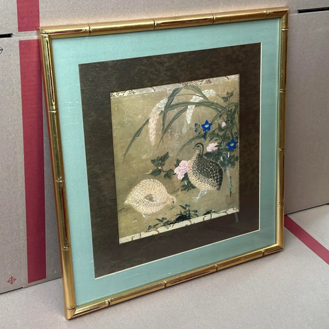 Hollywood Regency Vintage Virginia Metalcrafters Oriental Square Framed Artwork in Faux Bamboo Gold Frame For Sale - Image 3 of 10