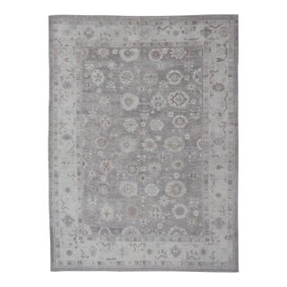 Large Turkish Oushak Rug in Soft Gray, Ivory, and Taupe With Floral Motifs For Sale
