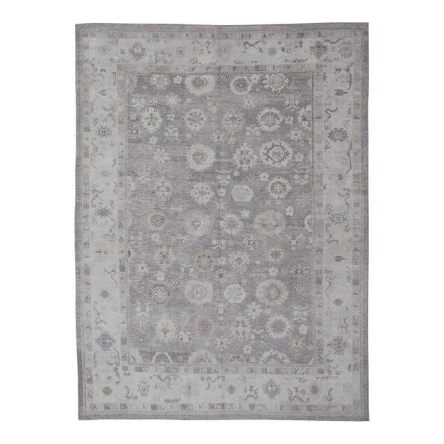 Large Turkish Oushak Rug in Soft Gray, Ivory, and Taupe With Floral Motifs For Sale