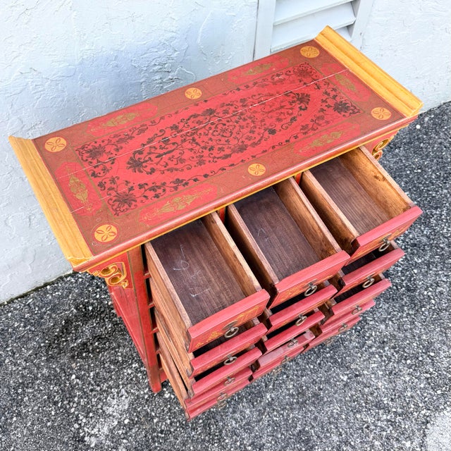 Mid 20th Century Vintage Chinese Hand Painted Red Angle Apothecary Dresser For Sale - Image 5 of 9