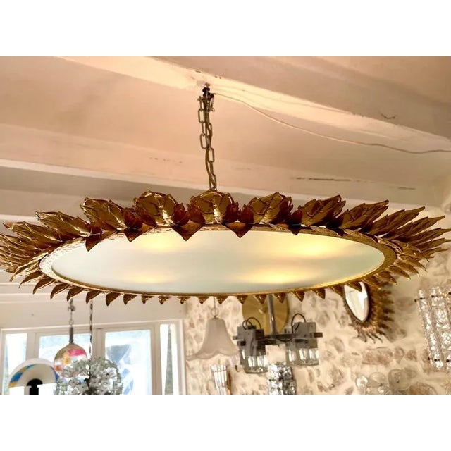Metal Spanish Crown Sunburst Fixture in Gilt Metal and Frost Glass, 1970s For Sale - Image 7 of 10