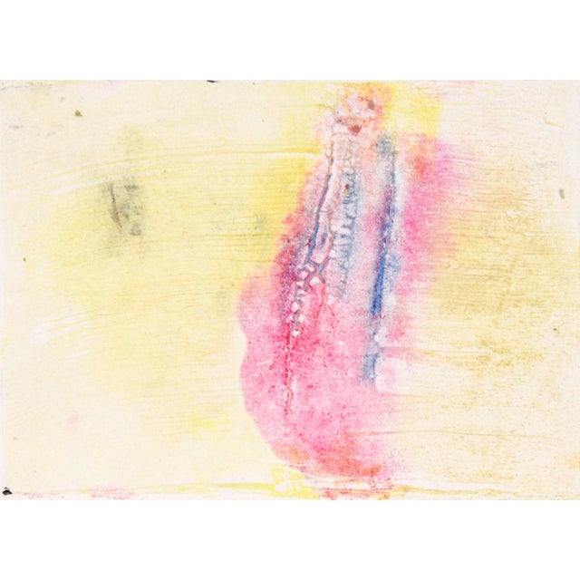 Abstract Expressionism Blue and Pink on Yellow - Textured Transfer Monotype in Oil on Paper by Heather Speck For Sale - Image 3 of 6