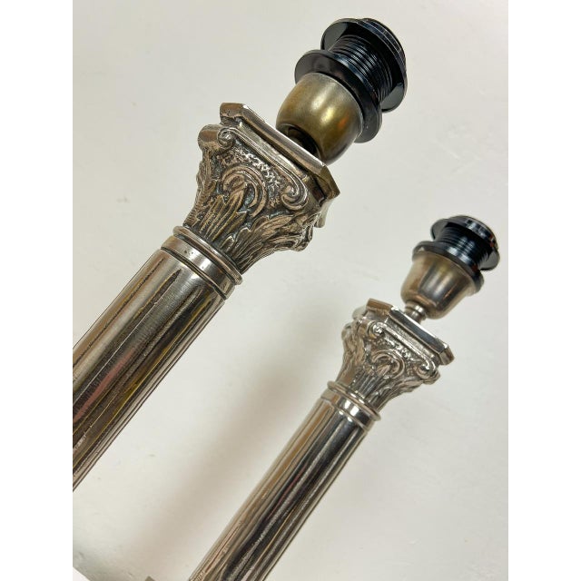 Nickel-Plated Brass Column Table Lamps in the style of Greek, 1970s, Set of 2 For Sale - Image 6 of 11