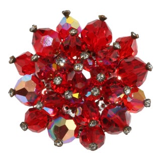 1950s Vintage Cluster Brooch Red Crystal Beads & Clear Rhinestones For Sale
