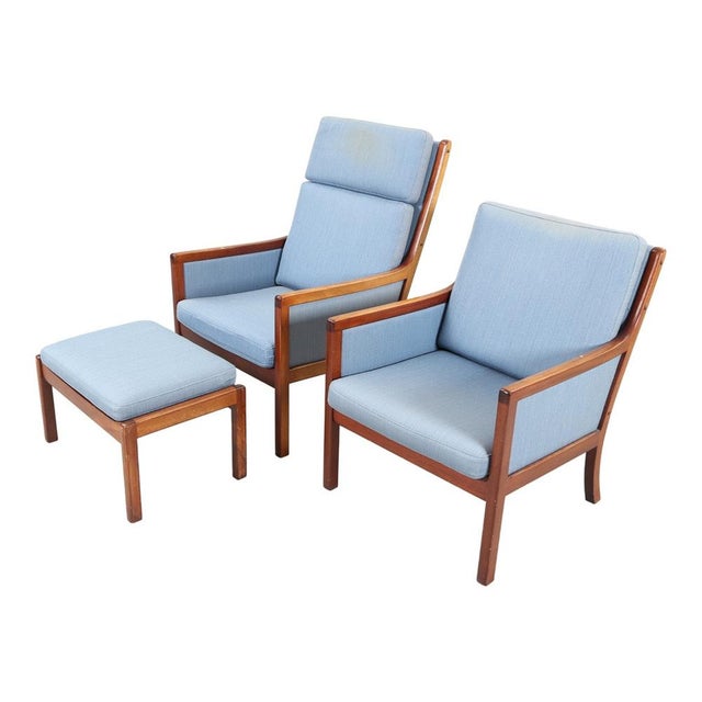 Armchairs and Ottoman in Upholstered Mahogany by Ole Wanscher for Poul Jeppesens Møbelfabrik, 1970s, Set of 3 For Sale - Image 4 of 4