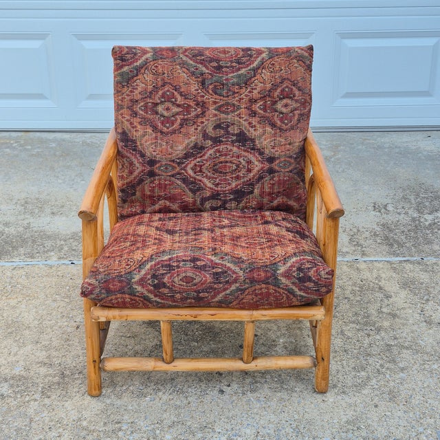 Contemporary 1960s Ficks Reed Style Pagoda Rattan Bamboo Lounge Chair Tapestry Covered Cushions For Sale - Image 3 of 12