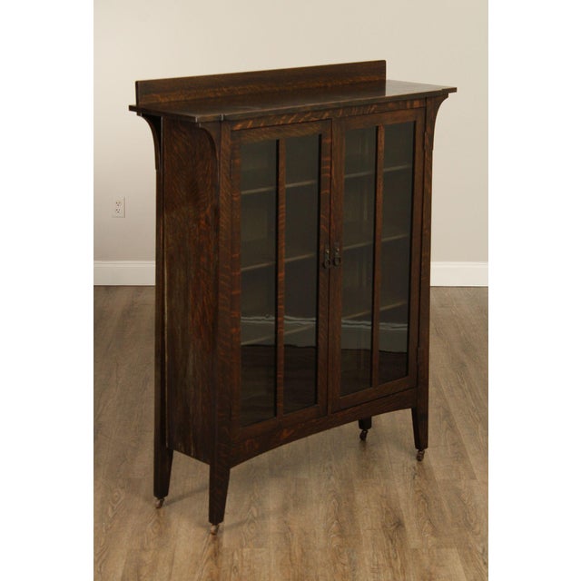 High Quality American Made Mission Oak Bookcase By Charles Limbert. Features Double Glass Panel Doors With Original Ring...