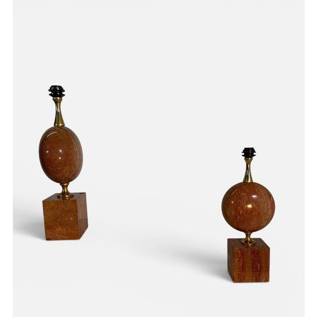 Red Travertine and Brass Lamps from Philippe Barbier, 1970s, Set of 2 For Sale - Image 3 of 13