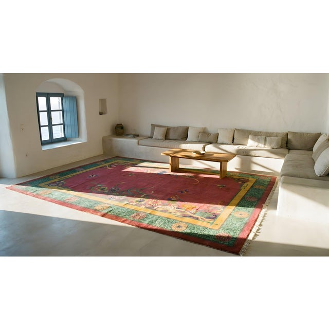1920s Fuschia Floral Modern Antique Chinese Art Deco Rug 8'9" X 11'6" Handknotted Wool Carpet For Sale - Image 14 of 16