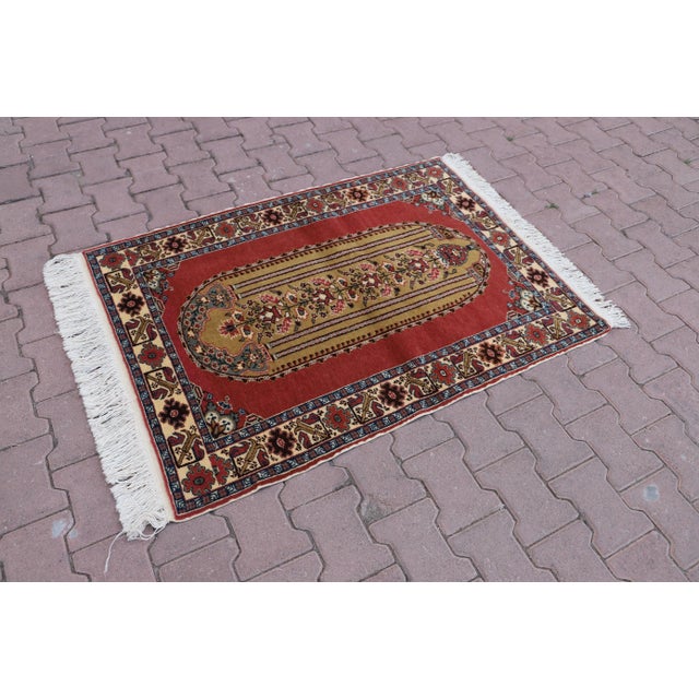 1950s Turkish Red Natural Wool Rug Size: 3.1 x 4.3 ft (093 X 130 cm) 37 x 51 inches Color: Red, Mustard, Pink, White,...