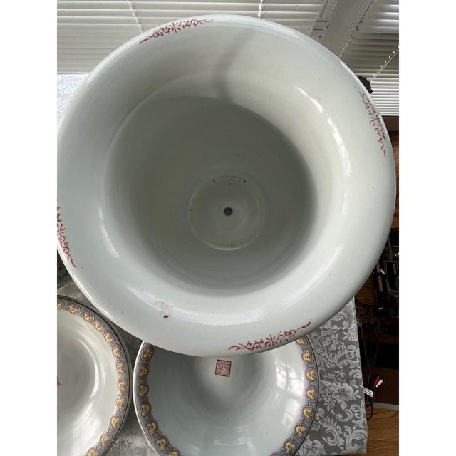 Early 20th Century Pair Large 13" Chinese Famille Jaune Phoenix Porcelain Planters & Trays-Heavy For Sale - Image 13 of 15