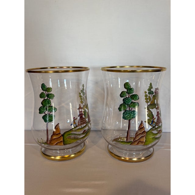 Mid 20th Century Mid Twentieth Century Hand Painted Chinoiserie Glass Hurricane Vases, a Pair For Sale - Image 5 of 7