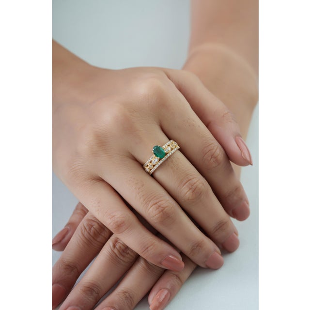 Oval Emerald & Diamond Vintage-Inspired Luxury Statement Ring in 18k Yellow Gold Size 9 For Sale - Image 11 of 17