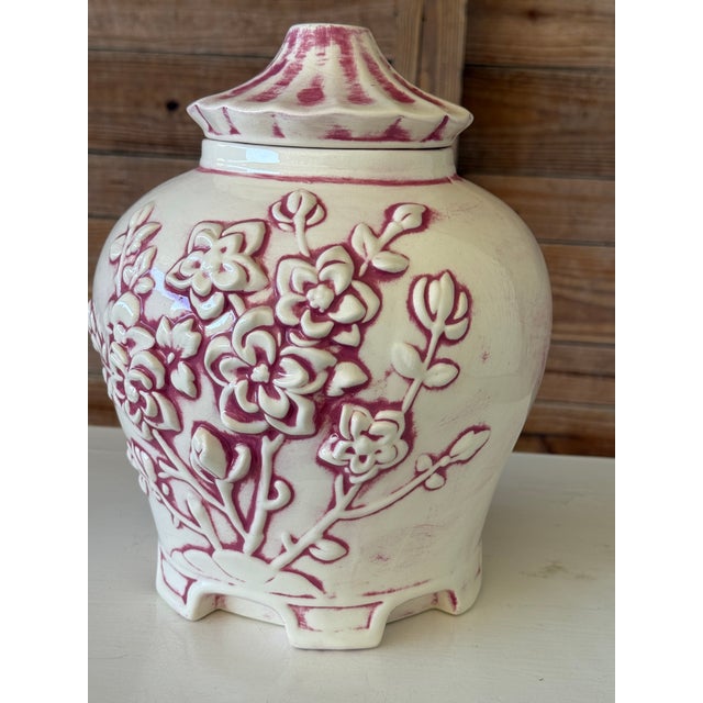 Mid 20th Century Vintage Chinoiserie Handmade Ceramic Pagoda Lidded Jar With Raised Floral Motif For Sale - Image 5 of 11