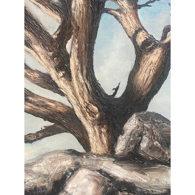 Oil on Canvas, MCM 1960: Weathered, Sculpted Ancient Tree on Granite Outcrop, Signed Yoshii For Sale - Image 4 of 7