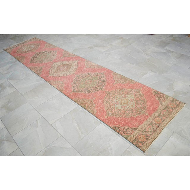 Textile Distressed Oushak Runner Rug Faded Colors Low Pile Pink Hallway Decor - 2'9″x 12'3″ For Sale - Image 7 of 13