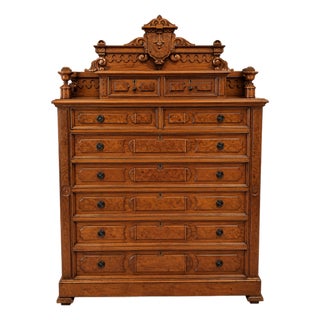 Antique American Burl Walnut Lock Side Eastlake Highboy Chest of Drawers 1870 For Sale