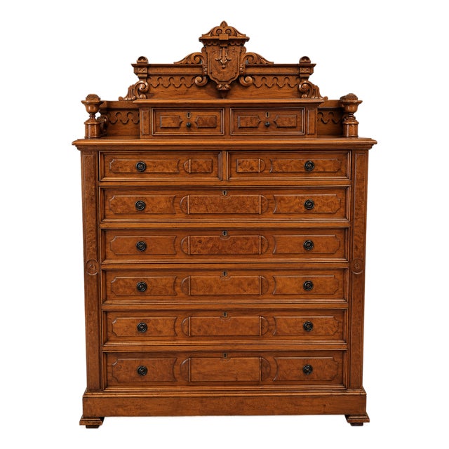 Antique American Burl Walnut Lock Side Eastlake Highboy Chest of Drawers 1870 For Sale
