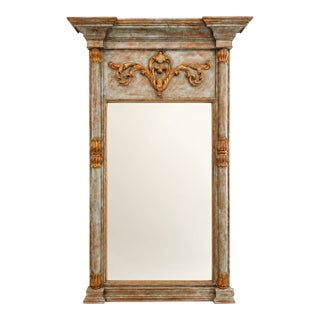 Large French Trumeau Style Painted and Gilt Pier Mirror in Blue-Green For Sale