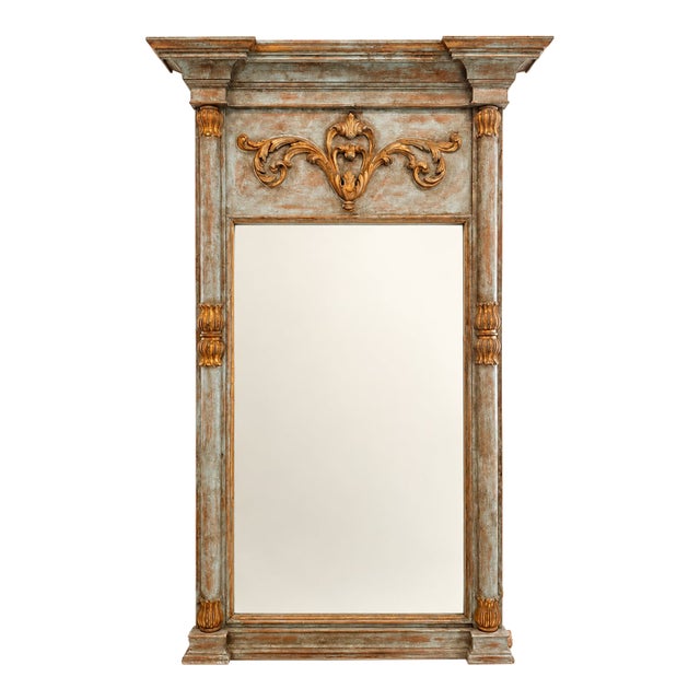 Large French Trumeau Style Painted and Gilt Pier Mirror in Blue-Green For Sale