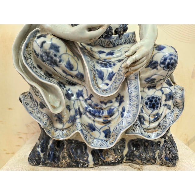 Early 20th Century Chinese Vintage Ceramic Buddhist Sculpture,Hand Carved Blue and White Porcelain the Eighteen Arhats Statue For Sale - Image 5 of 8