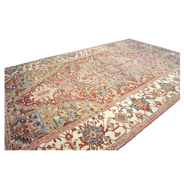 Antique Persian Heriz Wool 11X19 Rust, Ivory & Blue Handmade Area Rug #1140939 For Sale - Image 14 of 17