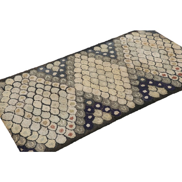 Rug & Kilim Antique Hooked Rug in Blue With Cream Geometric Patterns, From Rug & Kilim For Sale - Image 4 of 7