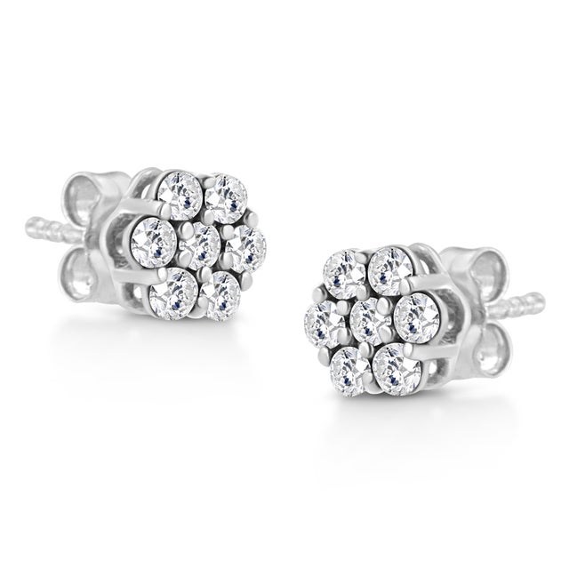 Contemporary 14K White Gold 1/2 Cttw Prong Set Round-Cut Diamond Flower Stud Earring (H-I Color, I1-I2 Clarity) For Sale - Image 3 of 6