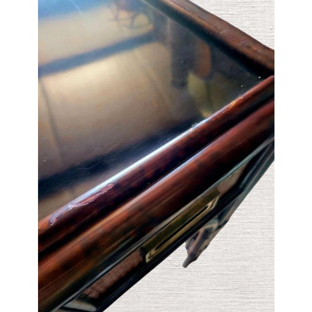 Vintage Cane Tortoiseshell 2 Drawer Campaign British Colonial Black Plexi Glass Top Writing Desk For Sale - Image 12 of 13