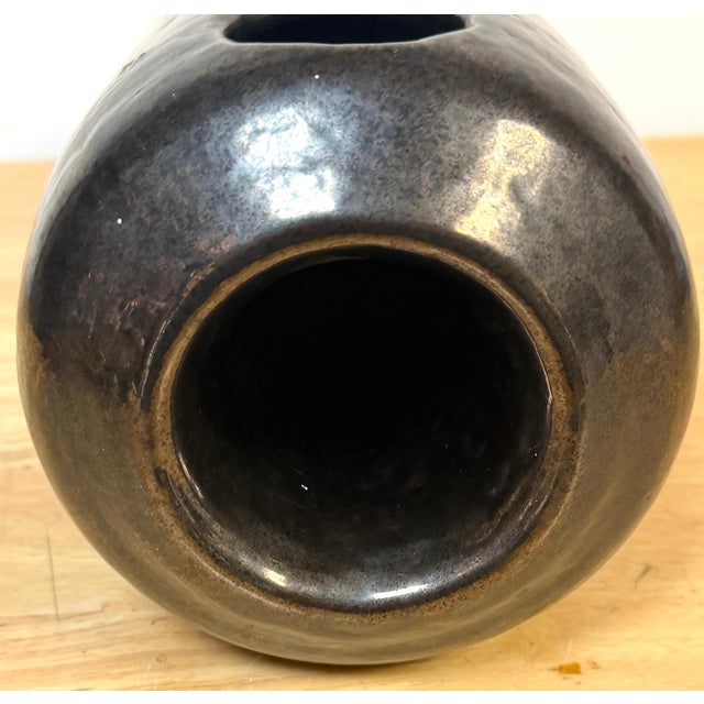 Large Monochrome Black Glazed Studio Pottery Vase with Pierced Openings, Signed For Sale - Image 9 of 11