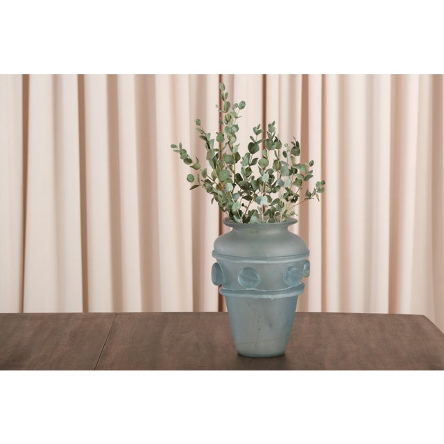 1970s Vintage Frosted Aqua Glass Vase For Sale - Image 5 of 18