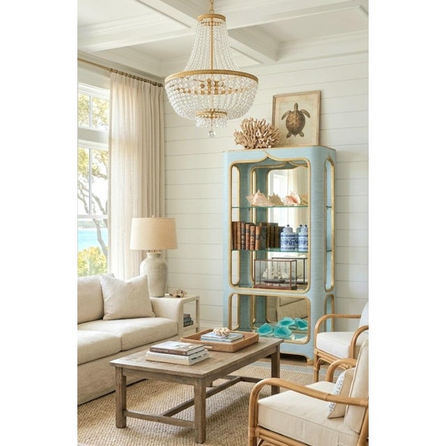 Vintage Custom Painted Baby Blue Gold Arched Pencil Reed Glass Shelving Unit Etagere For Sale - Image 11 of 13