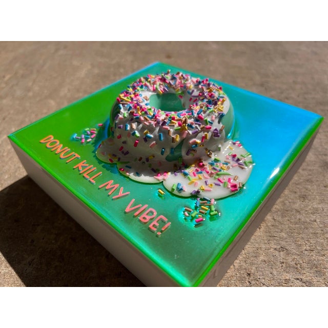 S Donut Kill My Vibe #3 by Ana Hefco | Mixed Media on Wood Colorful donut with sprinkles For Sale - Image 4 of 5