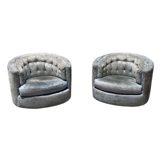 Mid Century Modern Milo Baughman Style Swivel Barrel Tub Chairs - A Pair For Sale