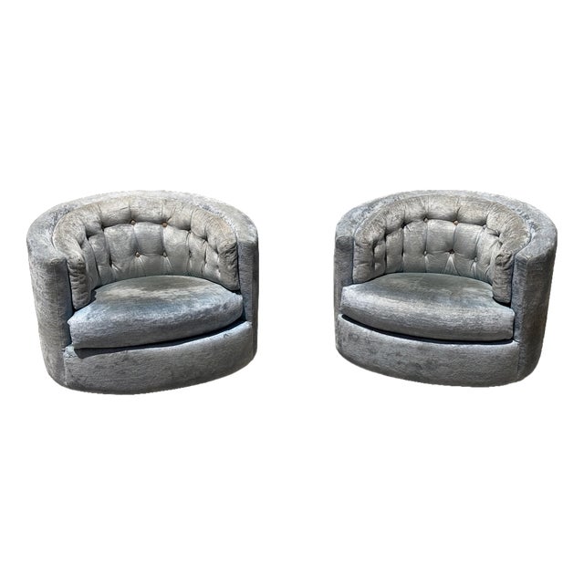 Mid Century Modern Milo Baughman Style Swivel Barrel Tub Chairs - A Pair For Sale