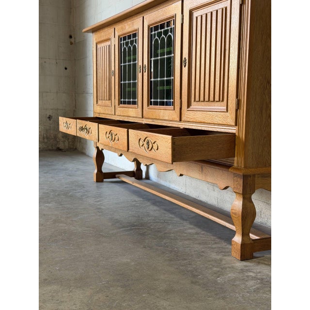 Henning Kjærnulf Oak Sideboard Credenza With Leaded Glass Doors by Henning Mid-Century Modern 1960s For Sale - Image 9 of 13