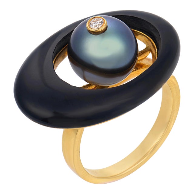 Vintage Tahitian Pearl Diamond Onyx 18k Yellow Gold Ring, Size 9 For Sale