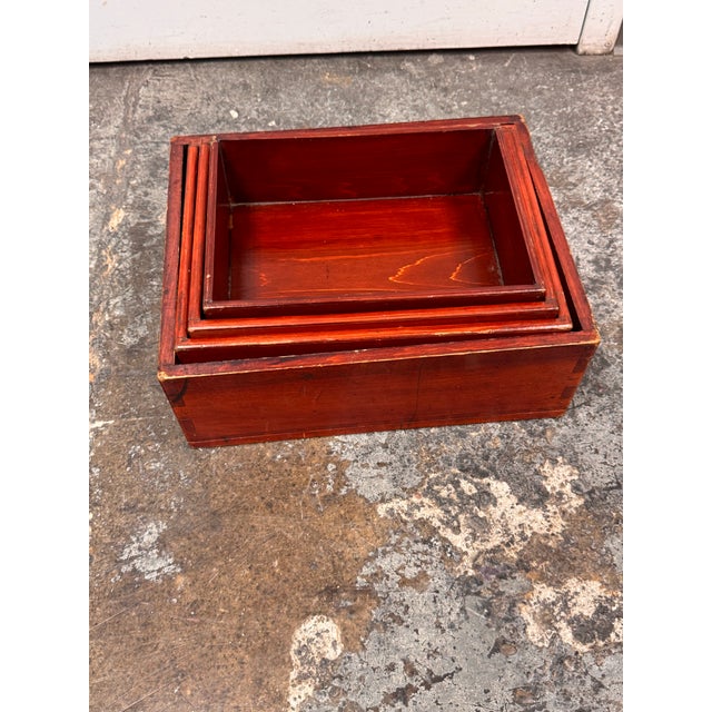 Red Vintage Red Finish Wood Nesting Tray Boxes, Set of Four For Sale - Image 8 of 12