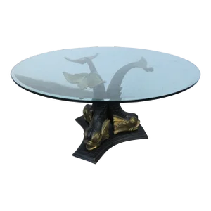 Hollywood Regency Brass Dolphin Base Round Glass Top Dining Table