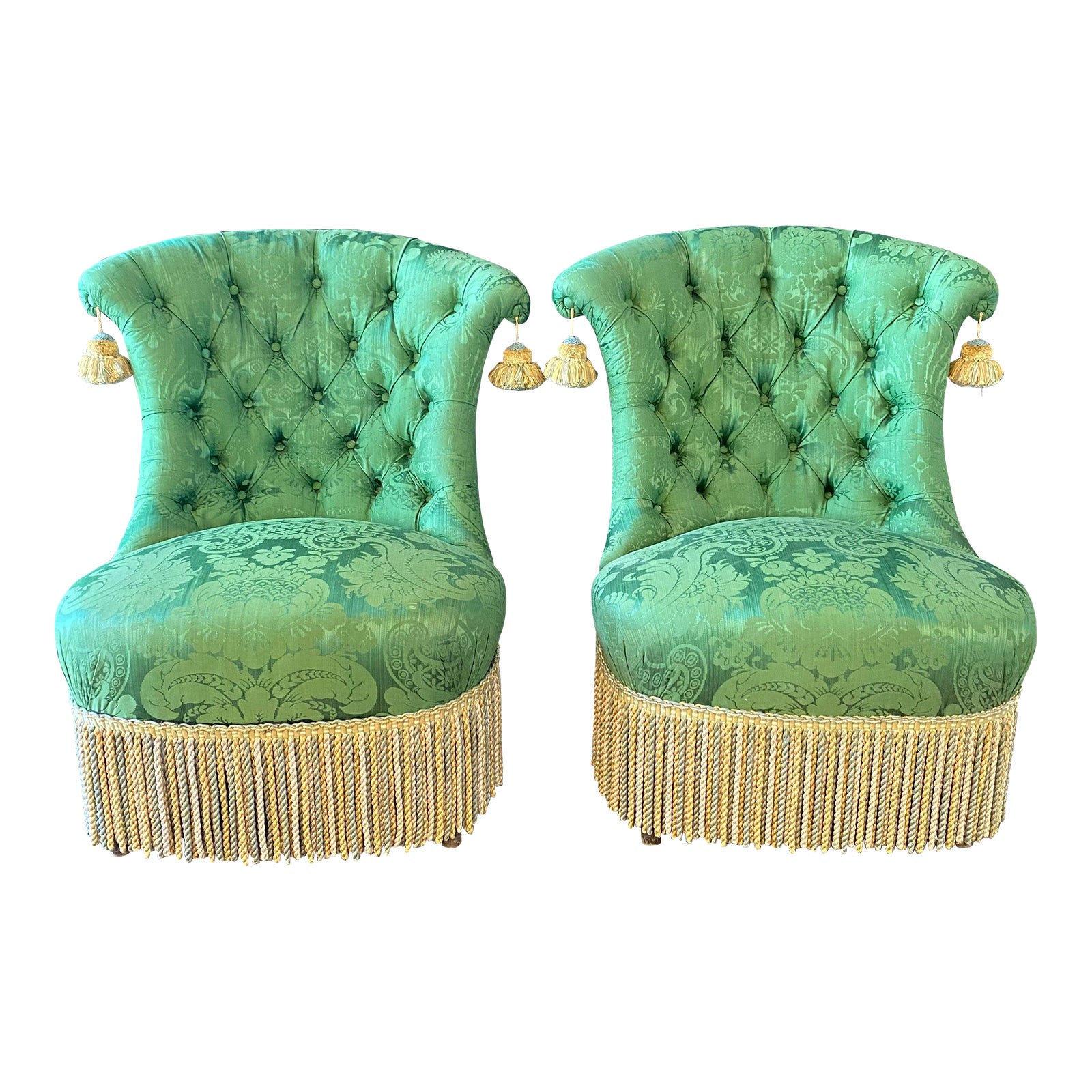 French Napoleon II Green Silk Tufted Slipper Chairs A Pair Chairish